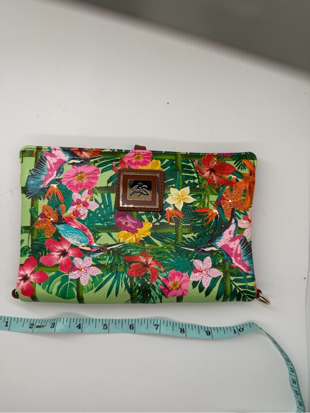 Sharif Tropical Floral Wristlet Clutch in Green with Pink Accents